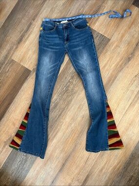 Women’s Mid-Blue Flared Jeans with Colorful Stripe Inset